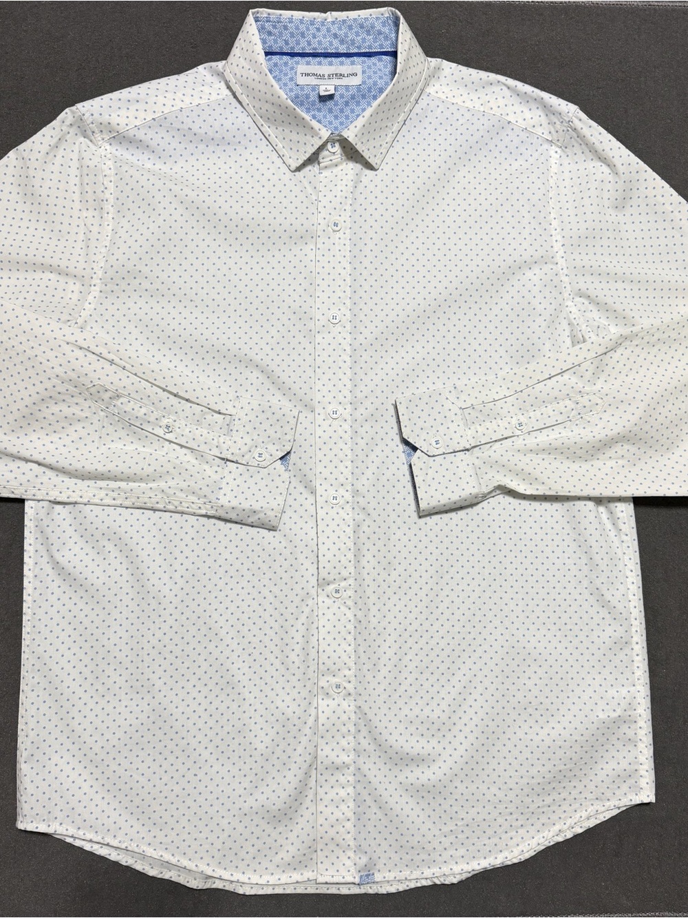 Thomas Sterling London New York Button-Up Blue Polka Dot Mens Shirt Sz L - EUC